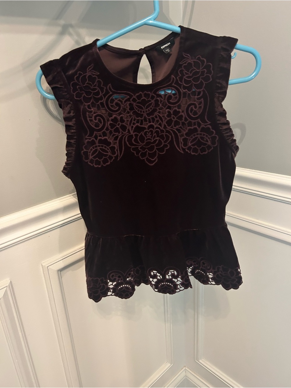 Express Velvet Sleeveless Peplum Top in Dark plum